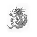dragon with pixie princess riding it with a panda in the dragons claws tattoo design idea
