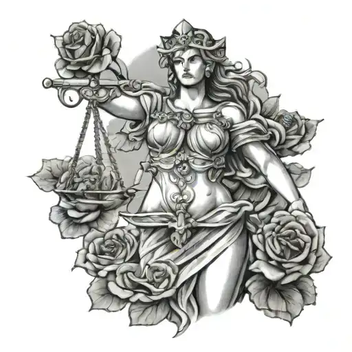 Roses and Lady Justice holding scales tattoo design idea