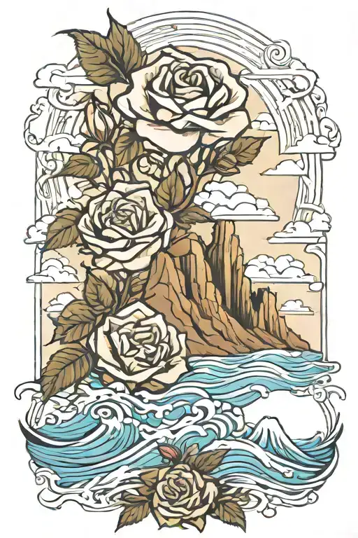 ocean, mountain, and desert landscapes with roses intertwined tattoo design idea