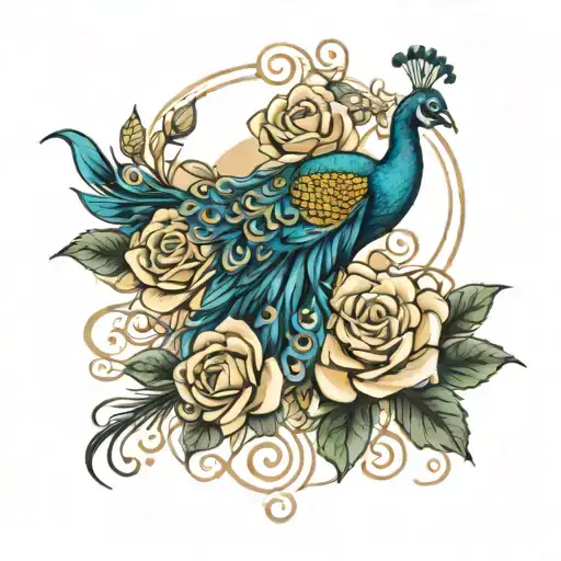 peacock roses intertwined tattoo design idea