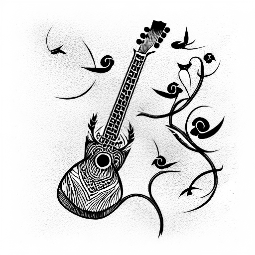 guitar and bird tattoo design idea