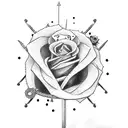 A punk-inspired sword surrounded by black roses tattoo design idea