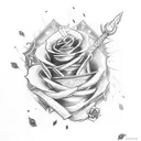 A punk-inspired sword surrounded by black roses tattoo design idea