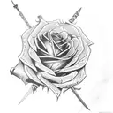A punk-inspired sword surrounded by black roses tattoo design idea