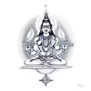 Shiva meditating in mountains.  holding Damru, trishul & compass tattoo design idea