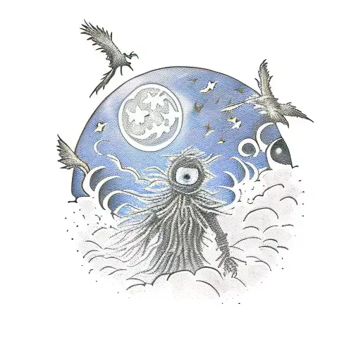 fullarm terror scarecrow with farm at night, moon, clouds and crows tattoo design idea