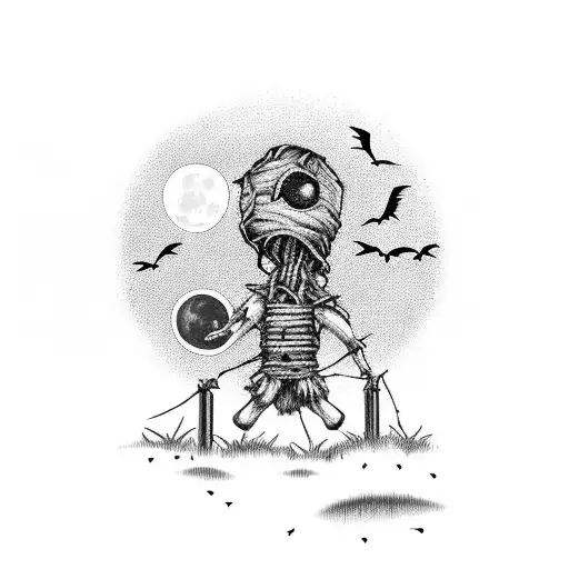 full arm tattoo terror scarecrow with farm at night, moon, clouds and crows tattoo design idea