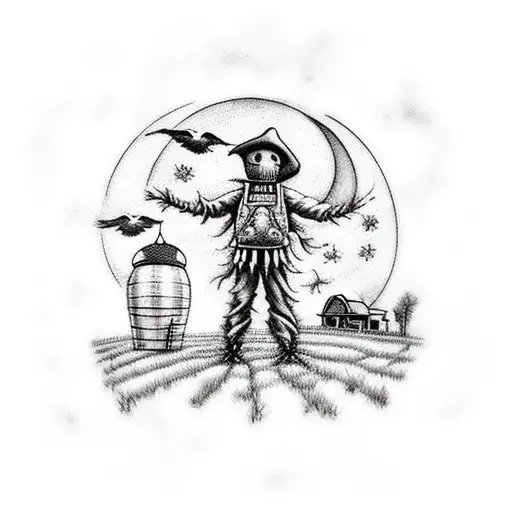 fullarm scarecrow with farm at night, moon, clouds and crows tattoo design idea