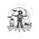 fullarm scarecrow with farm at night, moon, clouds and crows tattoo design idea