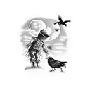 fullarm scarecrow with farm at night, moon, clouds and crows tattoo design idea