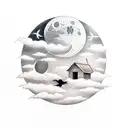 fullarm scarecrow with farm at night, moon, clouds and crows tattoo design idea