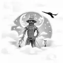 fullarm scarecrow with farm at night, moon, clouds and crows tattoo design idea