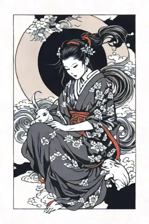 Tsukuyomi, seductive, Moon, holding Rabbit  tattoo design idea