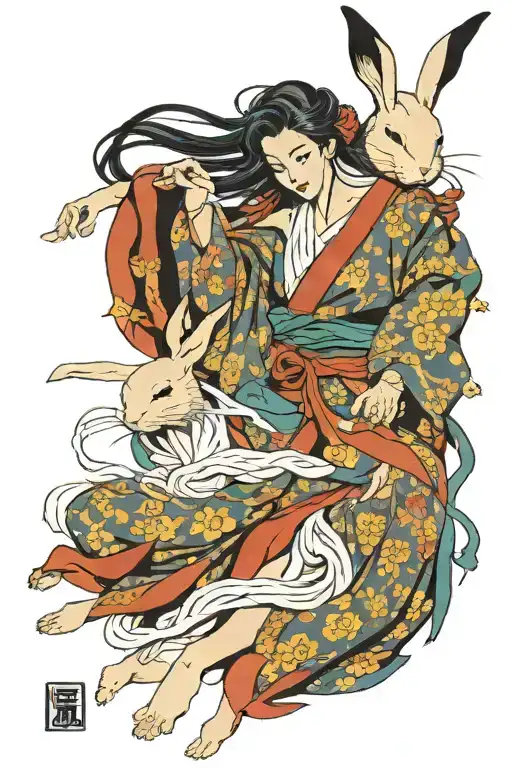 Tsukuyomi female, seductive pose Flowing robe, covers most of the body Rabbit in front of chest as censorship tattoo design idea