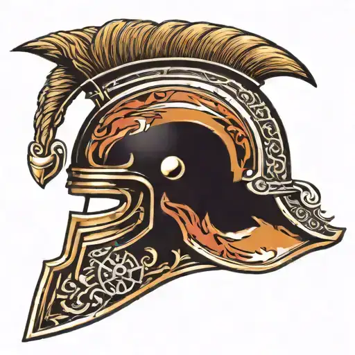 the centurion's helmet has two crossed gladiuses on the back and an inscription on a scroll at the bottom tattoo design idea