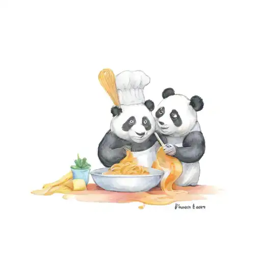 one chef panda cooking pasta and another panda eating pasta tattoo design idea