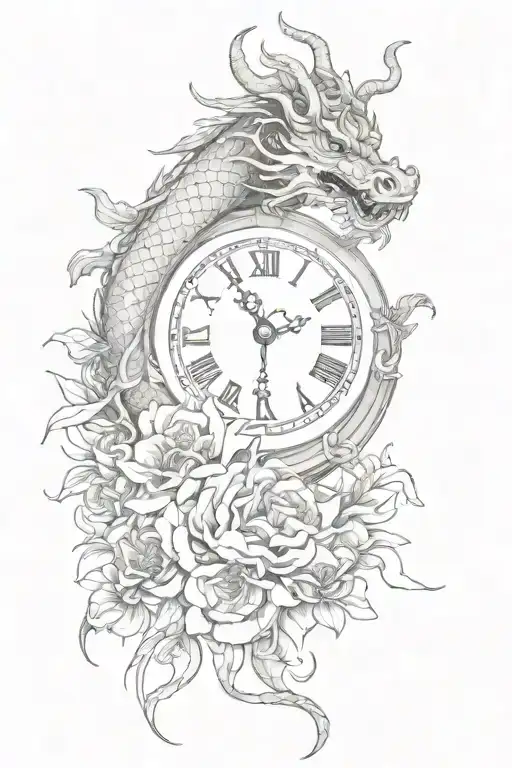 Chinese dragon and flowers with a clock face tattoo design idea