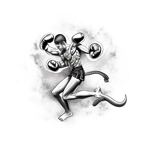 A kickboxer in action, surrounded by Greek mythological creatures tattoo design idea
