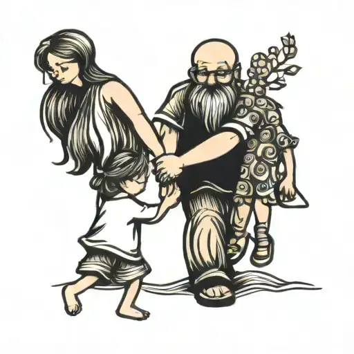 stick figure father holding daughters holding hands tattoo design idea