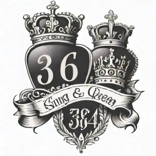 king and queen crown with text '380145' + '015545' tattoo design idea