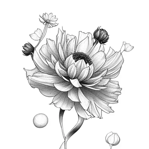 simple bouquet of roses violets cosmos and chrysanthemum  tattoo design idea