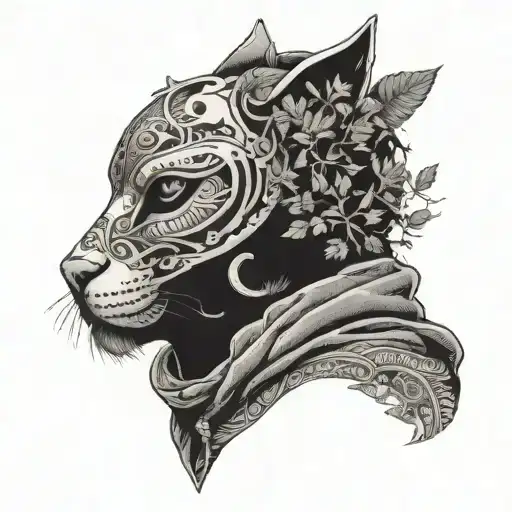 a Man wearing a gnaga cat mask admiring the nature and connecting with the universe and unconscious tattoo design idea