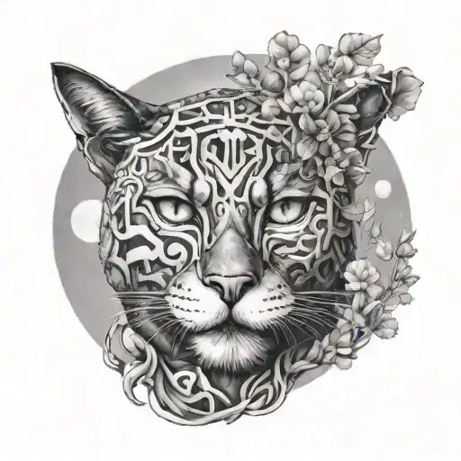 a Man wearing the gnaga cat mask admiring the nature and connecting with the universe and unconscious tattoo design idea