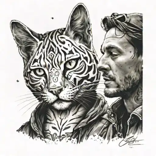 a Man wearing the gnaga cat mask admiring the nature and connecting with the universe and unconscious tattoo design idea