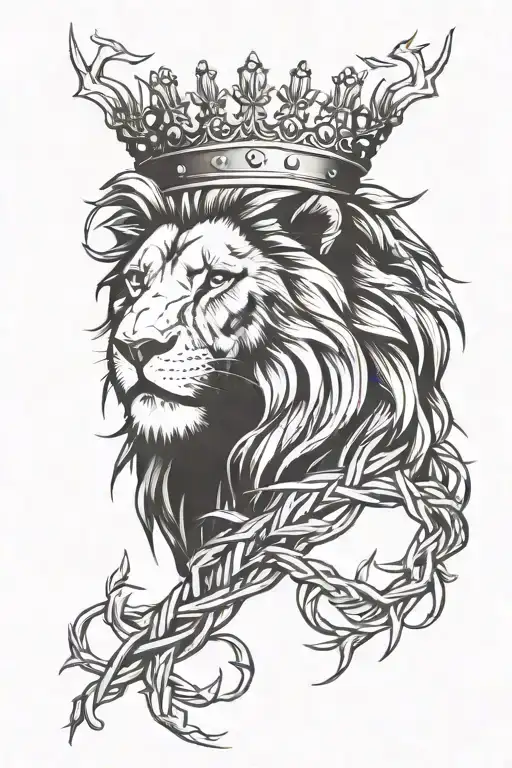 A lion with a crown of thorns, symbolizing strength and sacrifice tattoo design idea