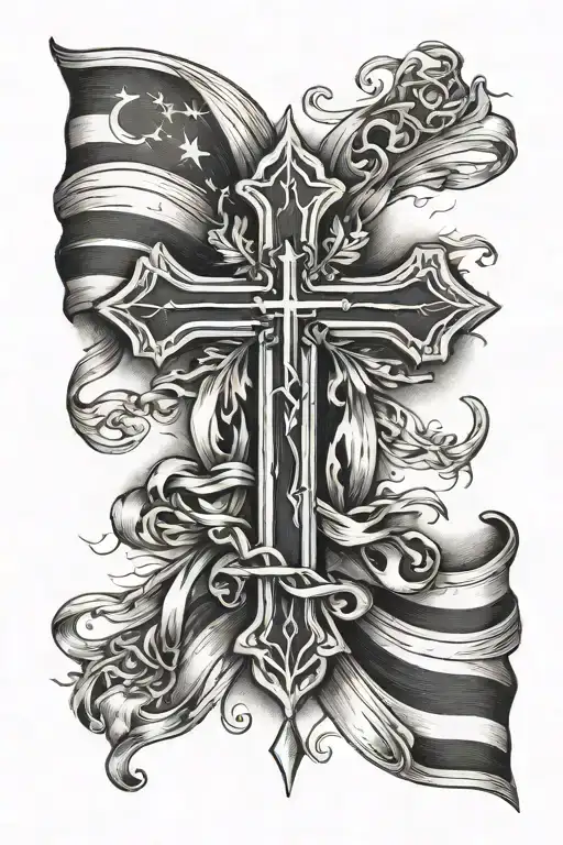 cross and flag intertwined tattoo design idea