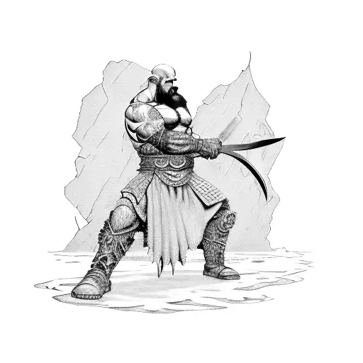 Kratos facing off against a horde of enemies in a blackwork style tattoo design idea