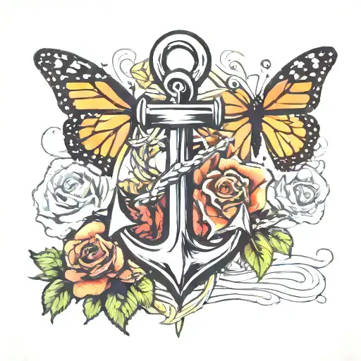 Anchor With two roses and a monarch butterfly tattoo design idea