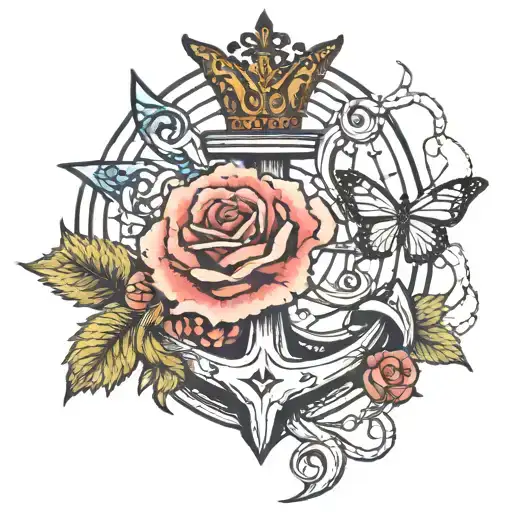 Anchor With two roses and a monarch butterfly tattoo design idea