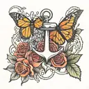 Anchor With two roses and a monarch butterfly tattoo design idea