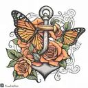 Anchor With two roses and a monarch butterfly tattoo design idea