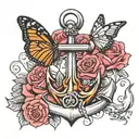 Anchor With two roses and a monarch butterfly tattoo design idea