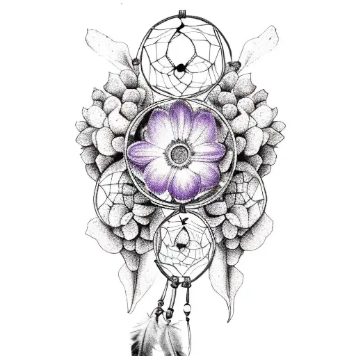 Dream catcher with lavendar, a tulip, a gerbera daisy,and an orchid tattoo design idea