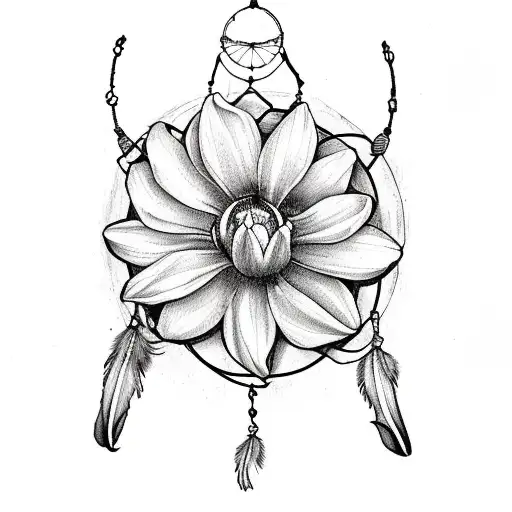 Dream catcher with lavendar flowers, a tulip, a gerbera daisy,and an orchid tattoo design idea