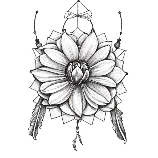 Dream catcher with lavendar flowers, a tulip, a gerbera daisy,and an orchid tattoo design idea