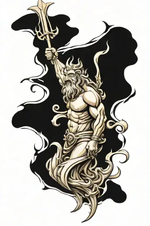 Poseidon with tentacles thrusts trident into shark tattoo design idea