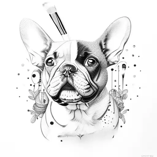 girly French Bulldog and makeup tattoo design idea