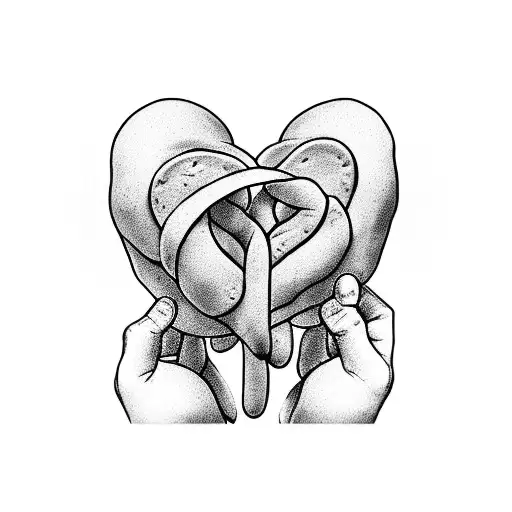 A baker's hands reaching out to touch a delicate heart-shaped bread, with bones intertwined in the dough tattoo design idea