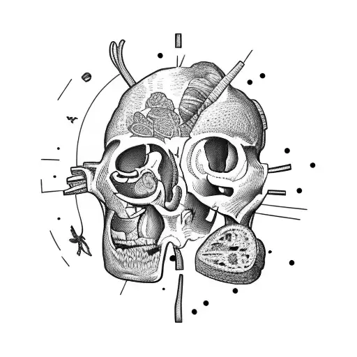 An explorer's backpack filled with anatomical hearts, bones, and loaves of bread, symbolizing the journey of life and death tattoo design idea