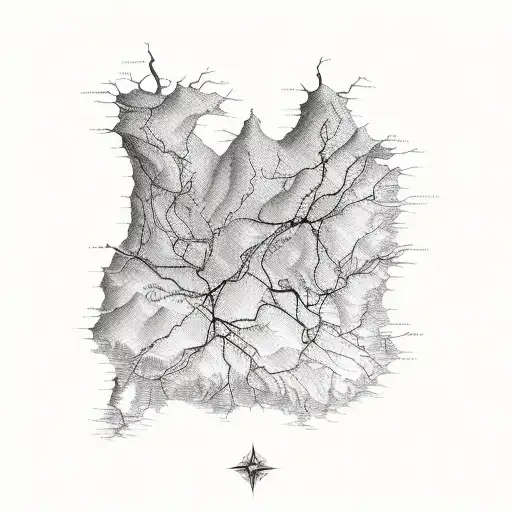 A detailed map of a mysterious land, with anatomical hearts and bones hidden within the landscape tattoo design idea