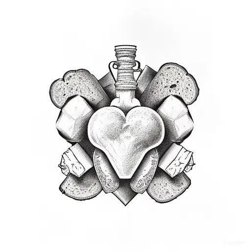 An explorer's backpack filled with anatomical hearts, bones, and loaves of bread, symbolizing the journey of life and death tattoo design idea