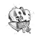 An explorer's backpack filled with anatomical hearts, bones, and loaves of bread, symbolizing the journey of life and death tattoo design idea