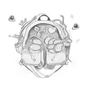 An explorer's backpack filled with anatomical hearts, bones, and loaves of bread, symbolizing the journey of life and death tattoo design idea