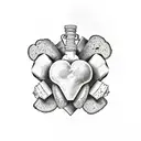 An explorer's backpack filled with anatomical hearts, bones, and loaves of bread, symbolizing the journey of life and death tattoo design idea