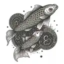 A dotwork tattoo of a koi fish swimming through a celestial background of Aquarius and Gemini constellations tattoo design idea