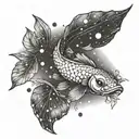 A dotwork tattoo of a koi fish swimming through a celestial background of Aquarius and Gemini constellations tattoo design idea